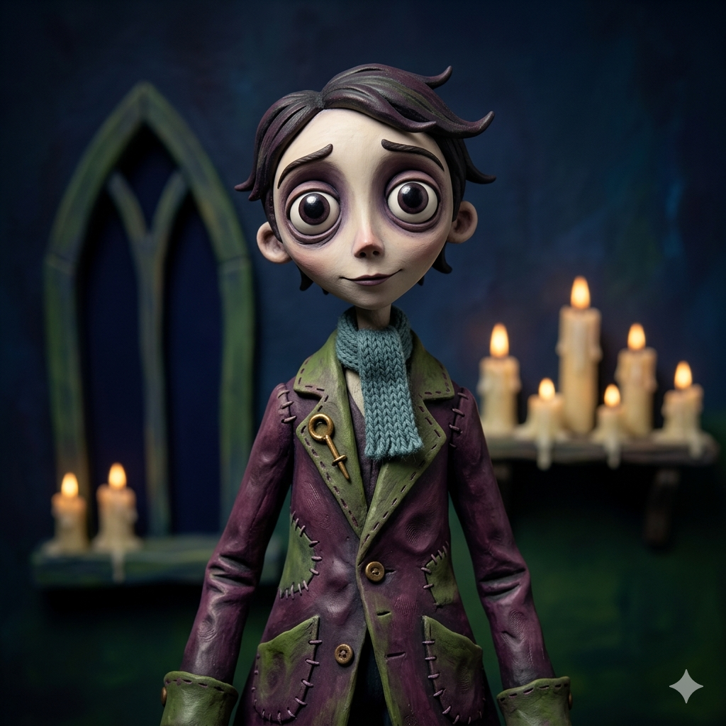 Boneco de argila no estilo Tim Burton, com olhos grandes e roupas em tons de roxo e verde