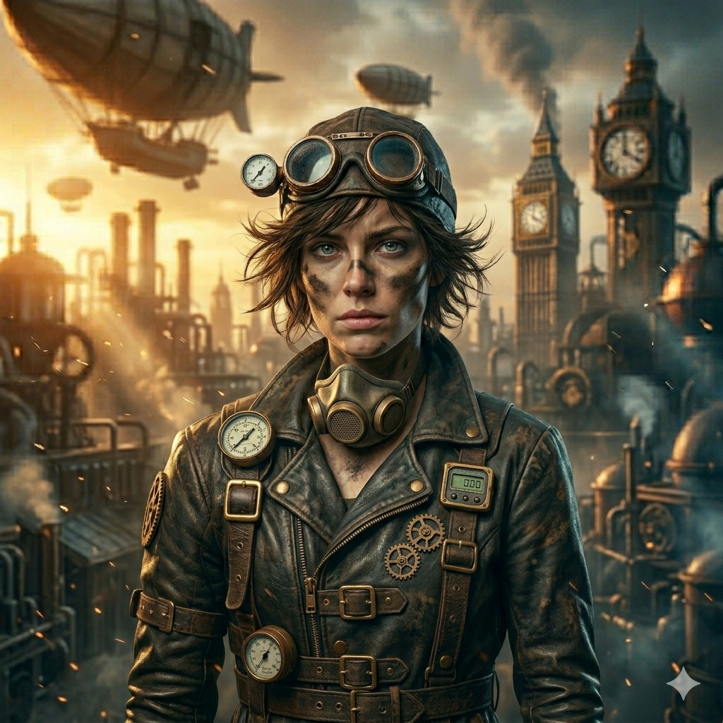 Retrato de mulher steampunk em cidade industrial com dirigíveis e torres de relógio.