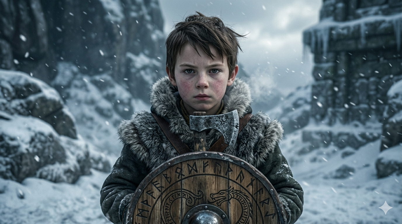Retrato de um menino viking em um ambiente nevado, segurando um machado e um escudo rúnico.