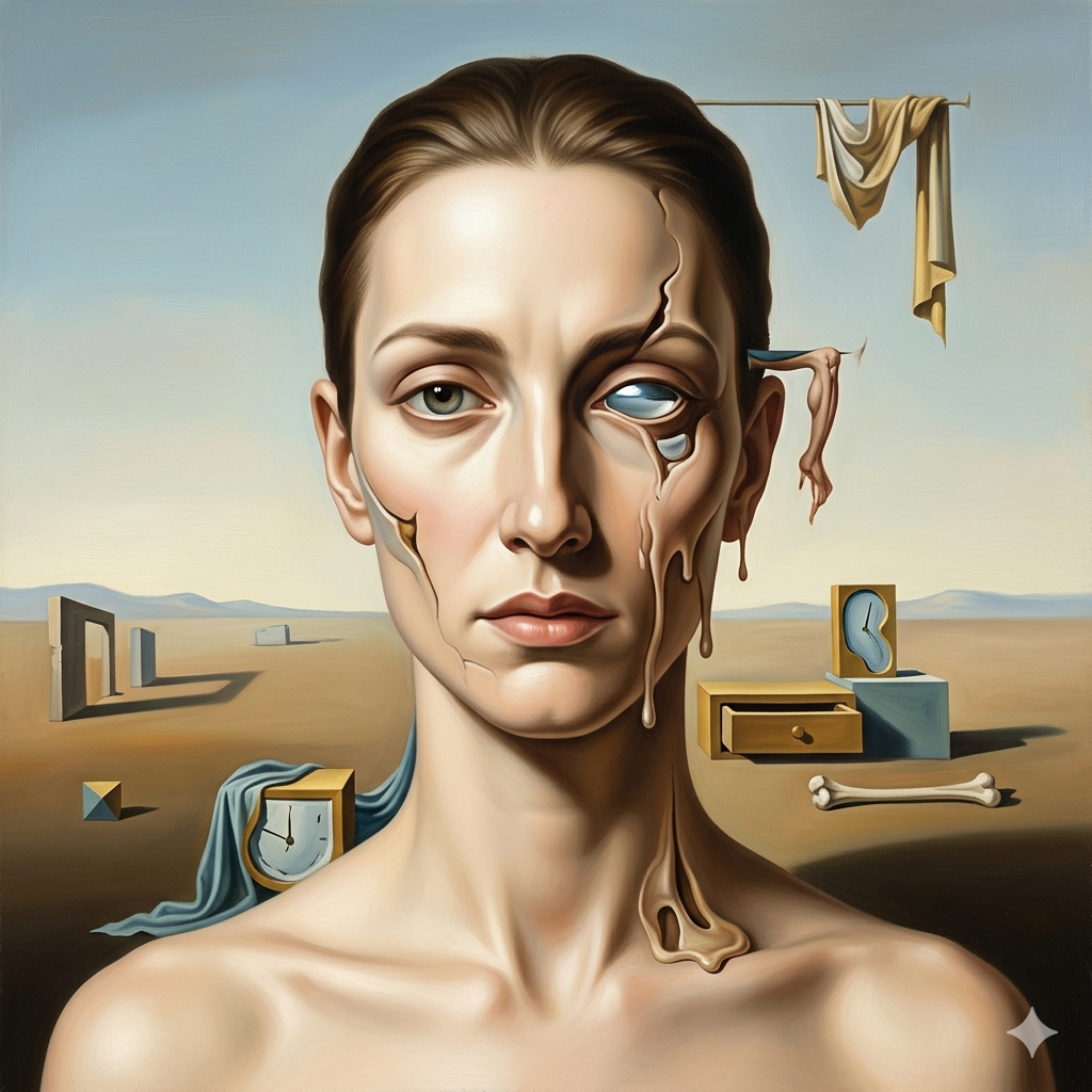 Retrato estilo Dalí com pele derretendo, relógios moles e símbolos oníricos em paisagem árida.